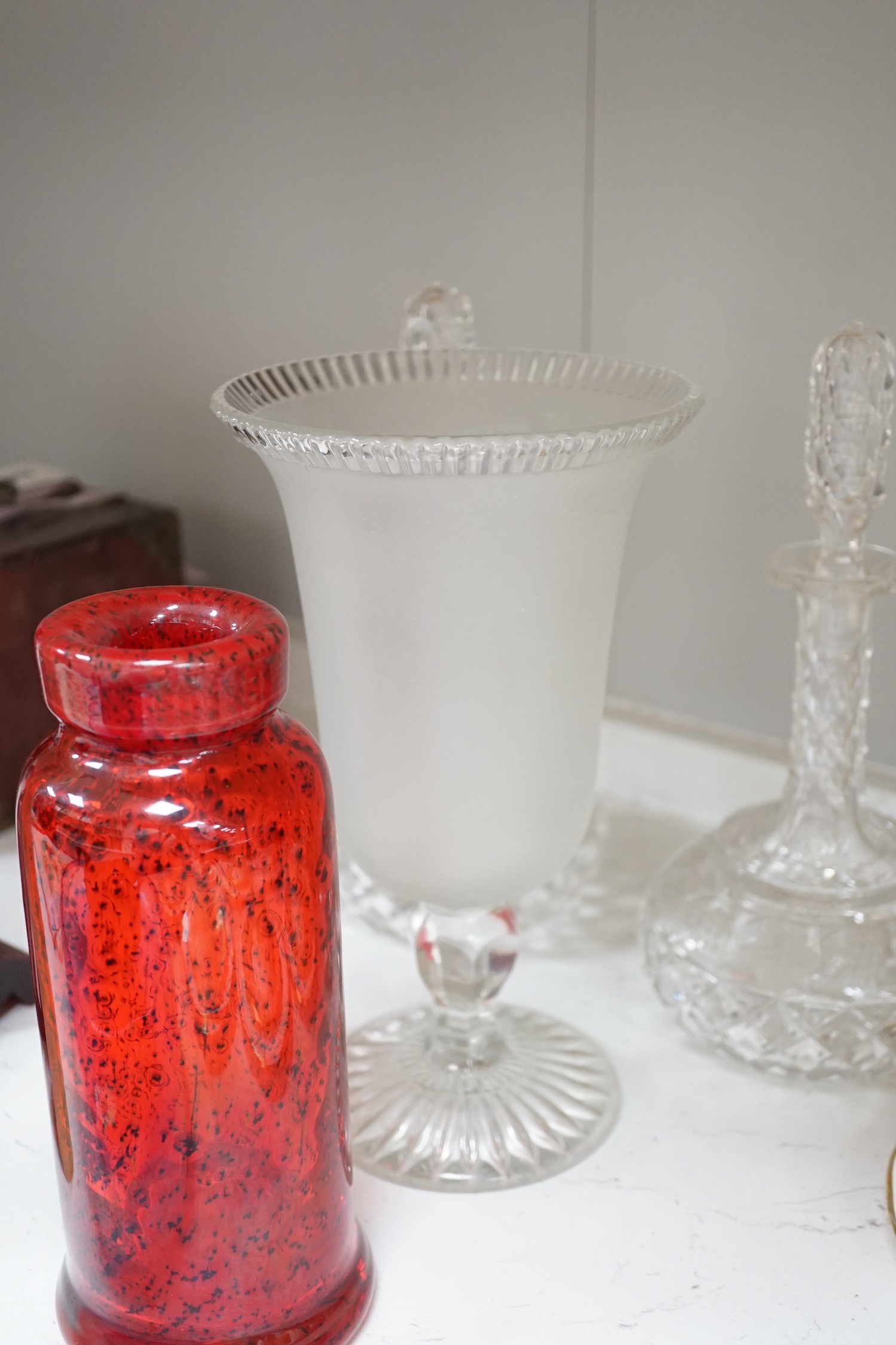 A Sowerby's type pressed glass swan and other glassware, (6) largest 32cm diameter